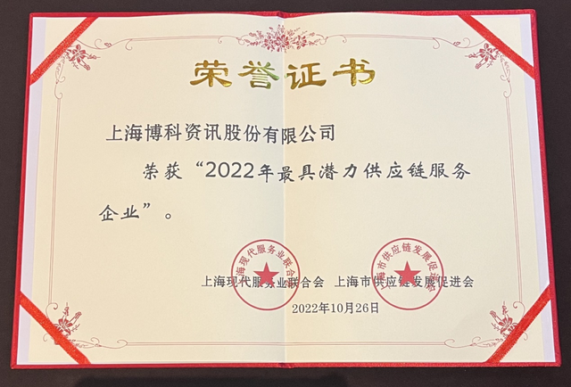 博科资讯荣获“2022年最具潜力供应链服务企业”