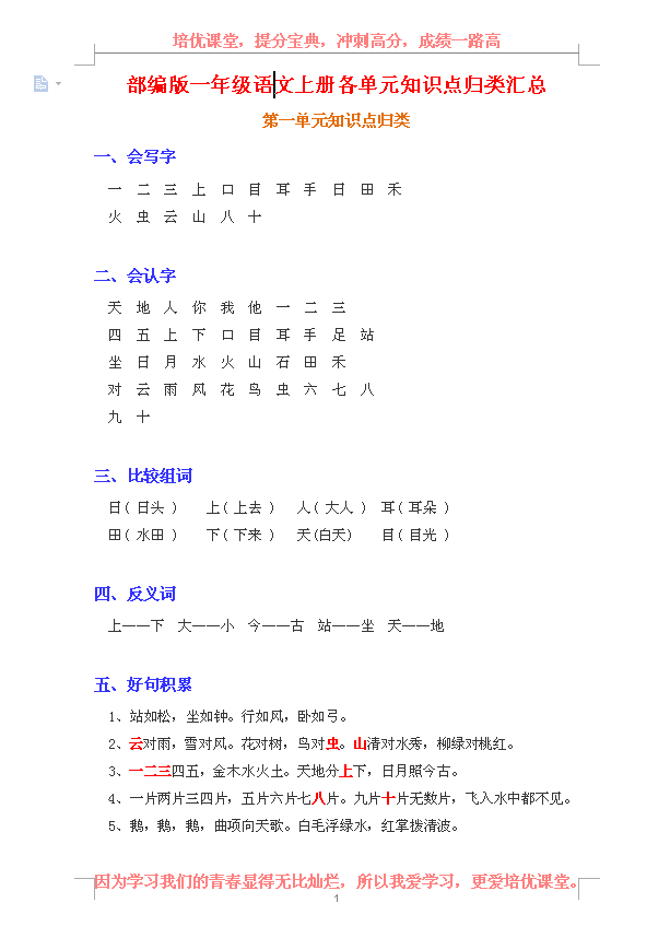 部编版一年级语文上册各单元知识点归类汇总