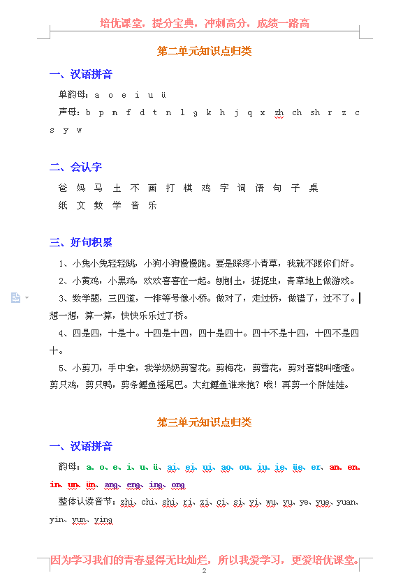 部编版一年级语文上册各单元知识点归类汇总