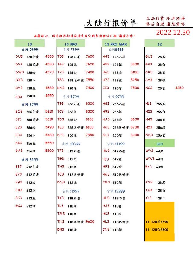 2022年12月30日华强北手机批发报价单
