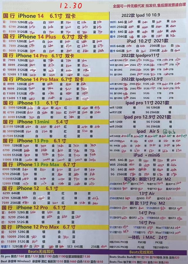 2022年12月30日华强北手机批发报价单