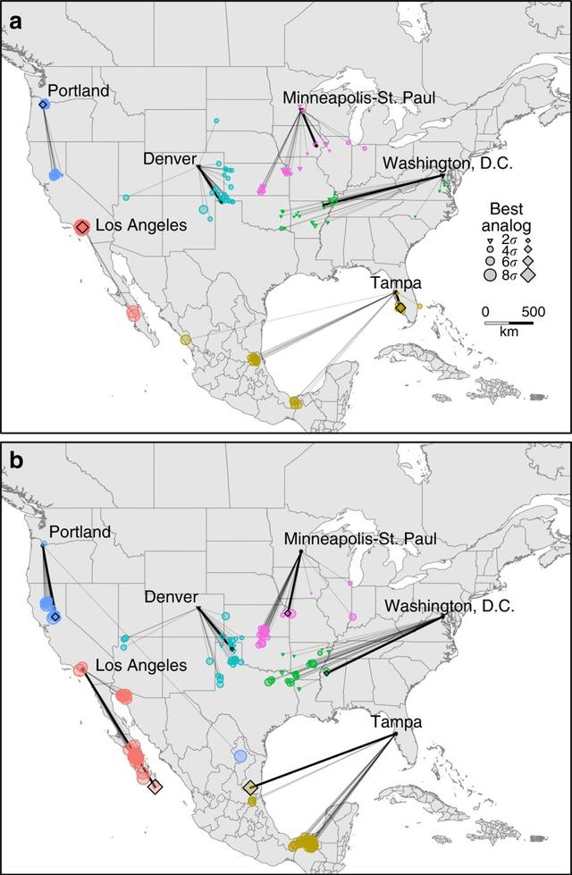 到2080年，这540个北美城市的气候与哪里的最为相似？｜《自然-通讯》