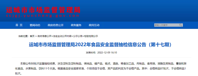 山西省运城市市场监管局发布2022年第十七期食品安全监督抽检信息